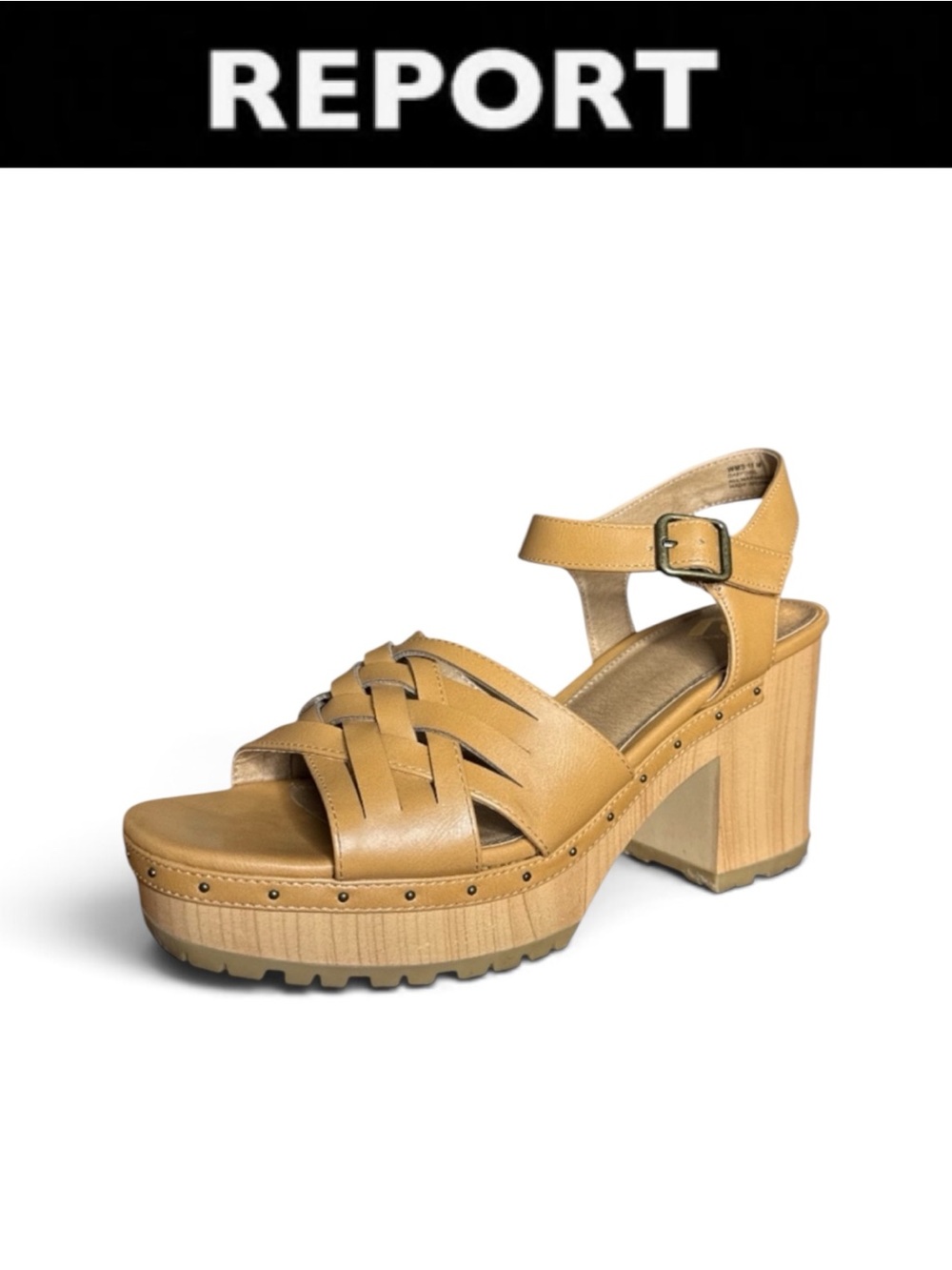 REPORT DAFFODIL TAN VEGAN LEATHER PLATFORM SANDALS BLOCK HEEL RETRO SIZE 10